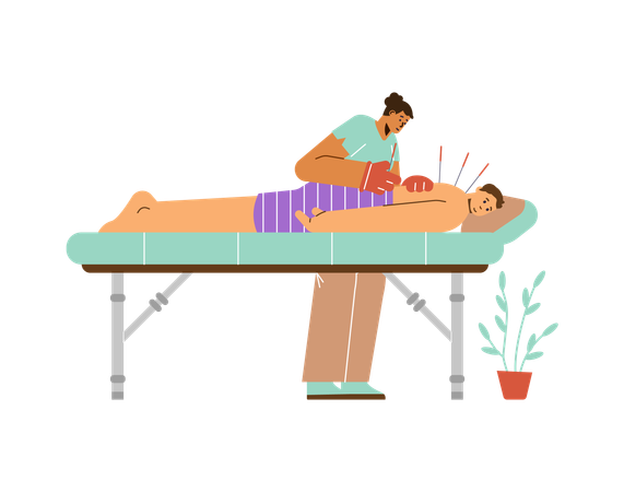 Doctor with needles giving acupuncture treatment  Illustration