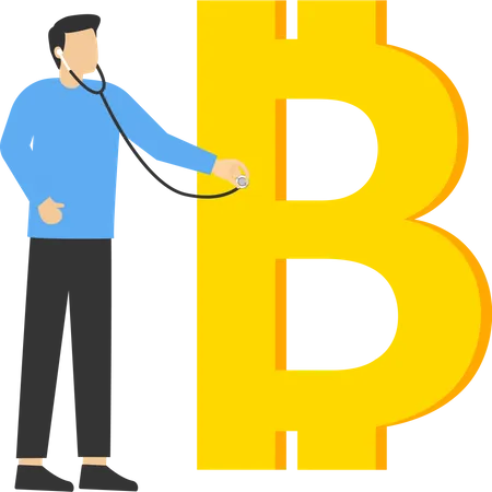 Doctor with stethoscope to listen and analyze Bitcoin money symbol  Illustration