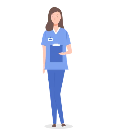 Isolated At White Cartoon Character Doctor Woman Or Nurse Wearing Medical Suit Holding Clipboard With Anamnesis Or Diagnose Of Patient Healthcare Medical Concept Physician Therapist In Flat Style Illustration