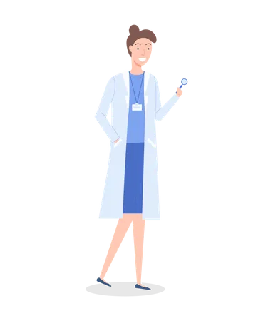 Doctor Woman Or Physician Wearing Medical Gown Pretty Therapist With Magnifying Glass Healthcare And Medical Physician Or Medical Specialist In Flat Style Medical Staff Worker Smiling Isolated Illustration