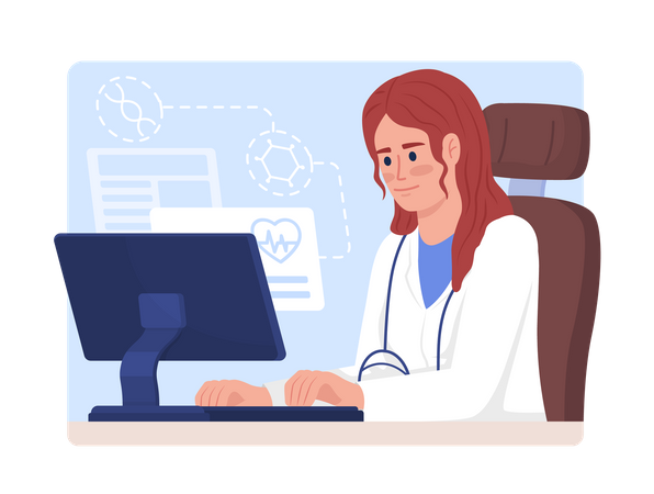 Doctor works on computer  Illustration