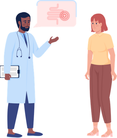 Doctor y mujer molesta en chequeo intestinal  Ilustración