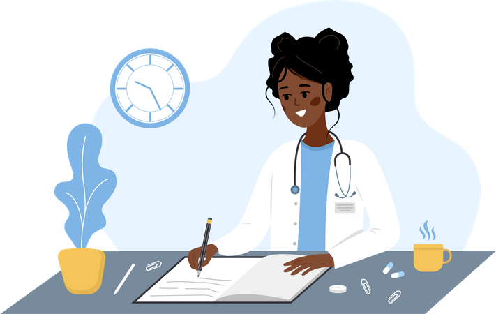 Doctora africana escribiendo receta médica  Ilustración