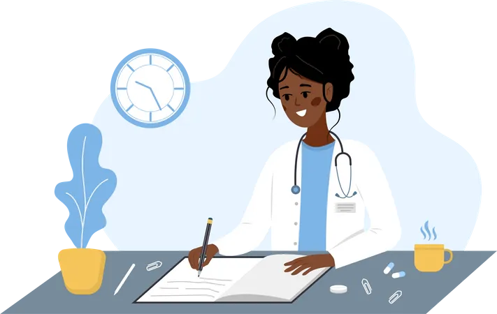 Doctora africana escribiendo receta médica  Ilustración