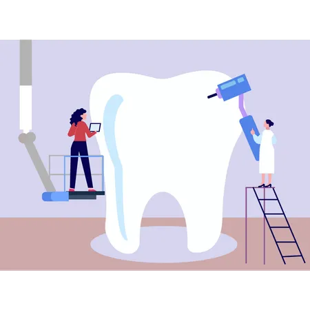 Doctora arreglando los dientes  Ilustración