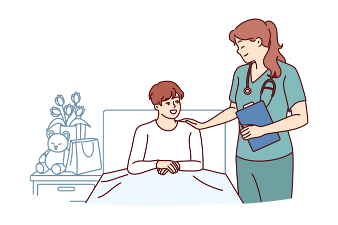 Doctora cerca de un niño acostado en la cama en el hospital después de complicaciones de la enfermedad  Ilustración
