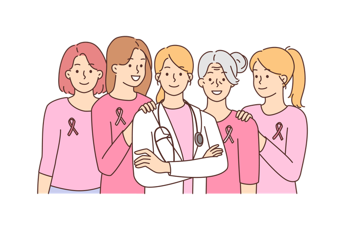 Doctora con equipo de cáncer  Ilustración