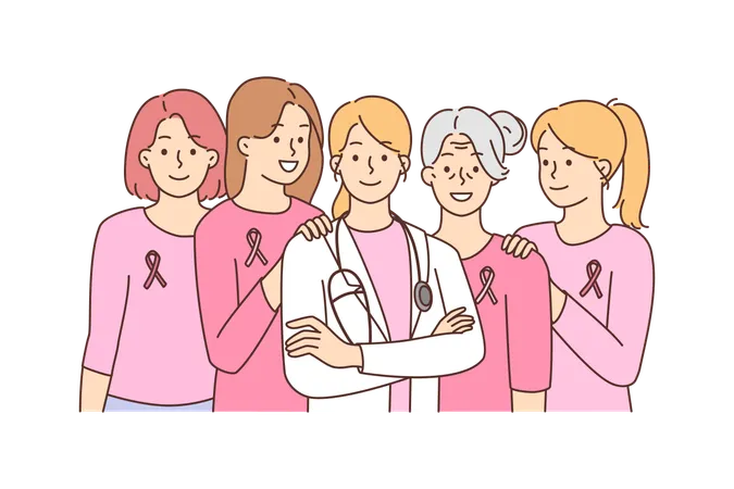 Doctora con equipo de cáncer  Ilustración