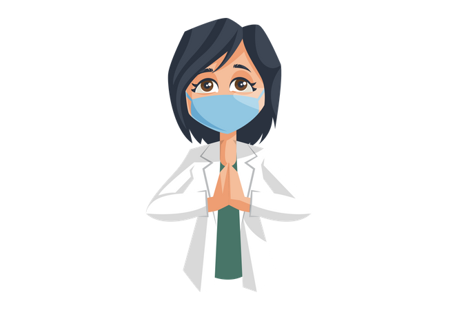 Doctora con mascarilla dando la bienvenida con Namaste Hand Gesture  Ilustración