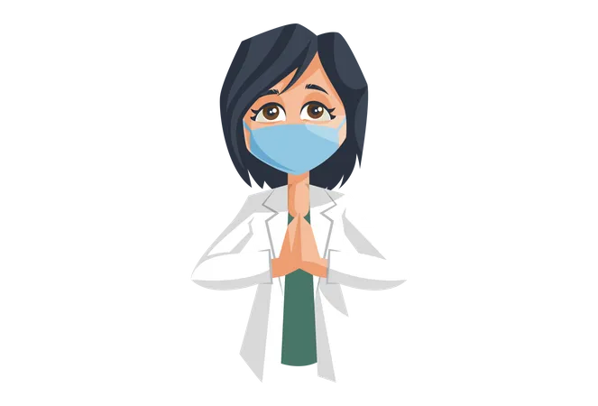 Doctora con mascarilla dando la bienvenida con Namaste Hand Gesture  Ilustración