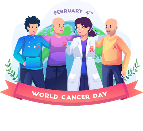 Doctora con pacientes con cáncer celebra el día mundial del cáncer.  Ilustración