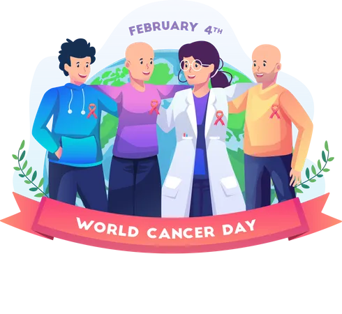 Doctora con pacientes con cáncer celebra el día mundial del cáncer.  Ilustración