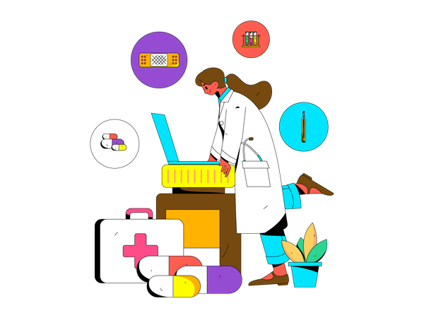 Doctora dando medicamentos en la computadora portátil  Ilustración