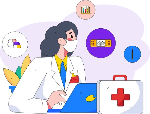 Doctora dando medicina en línea  Ilustración