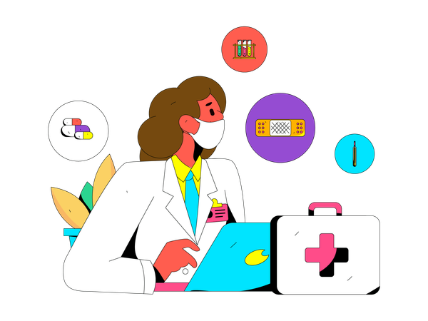 Doctora dando medicina en línea  Ilustración