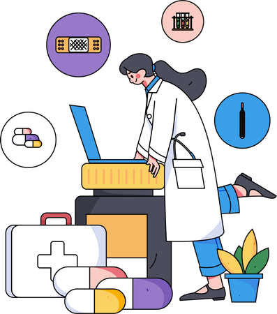 Doctora dando recetas de medicamentos en línea  Ilustración