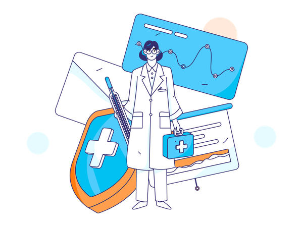 Doctora de pie con termómetro y cuadro médico  Illustration