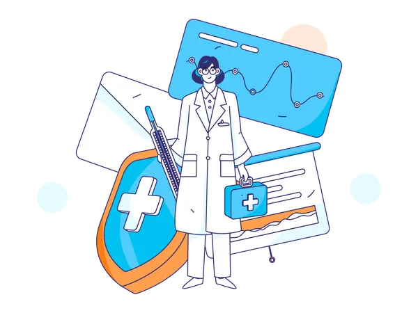 Doctora de pie con termómetro y cuadro médico  Illustration