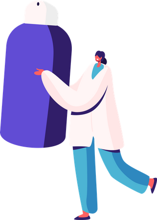 Doctora en bata médica sosteniendo botella de medicina  Ilustración