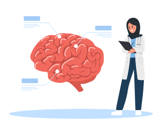 Una doctora examina el cerebro humano  Ilustración