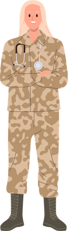 Doctora militar vistiendo uniforme y estetoscopio  Ilustración
