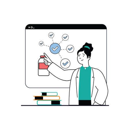 Doctora mostrando el frasco de medicina en la pantalla  Ilustración