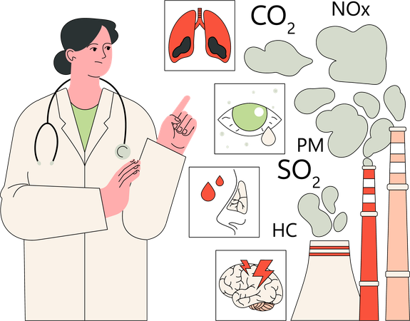 Doctora mostrando el impacto del dióxido de carbono  Ilustración