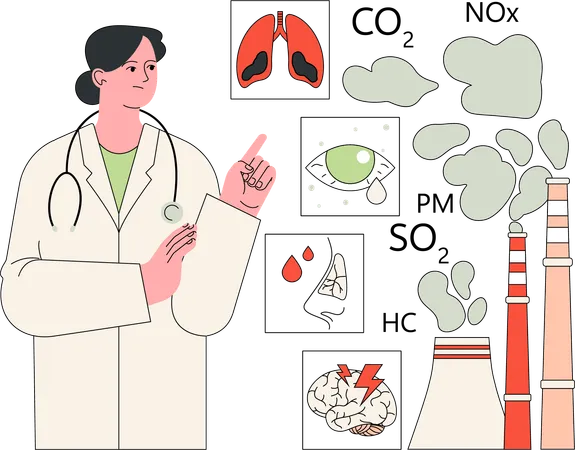 Doctora mostrando el impacto del dióxido de carbono  Ilustración