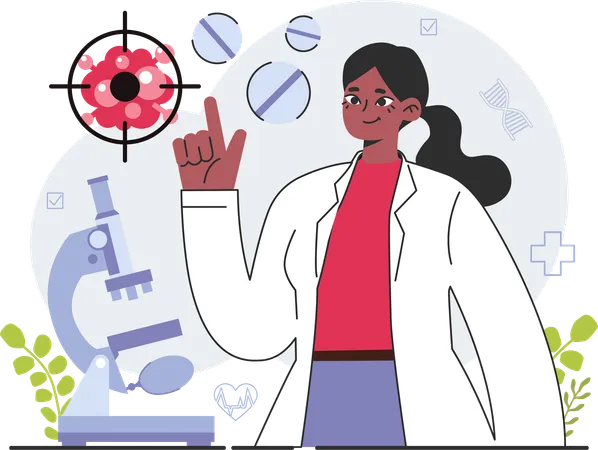 Doctora investigando células cancerosas  Ilustración