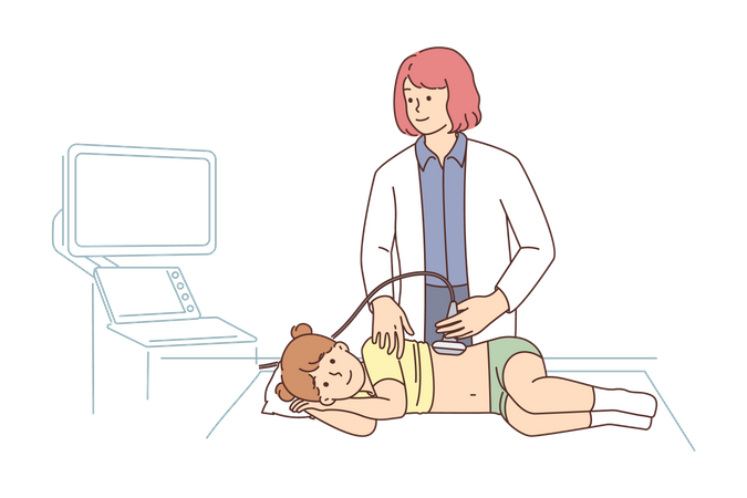 Doctora revisando el estómago del niño  Ilustración