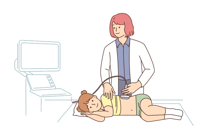 Doctora revisando el estómago del niño  Ilustración