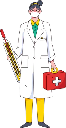 Doctora sosteniendo botiquín médico y termómetro  Ilustración