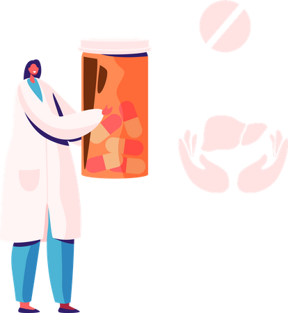 Doctora sosteniendo botella de pastillas  Ilustración