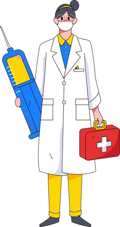 Doctora sosteniendo inyección y botiquín médico  Ilustración