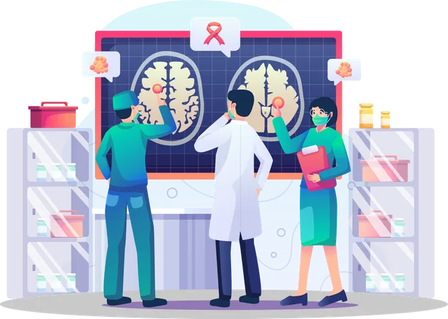 Médicos analizando el cerebro en busca de tumores o problemas en el laboratorio.  Ilustración