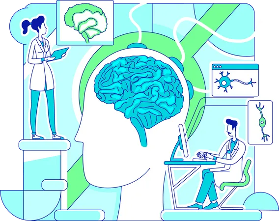Médicos haciendo estudio del cerebro.  Ilustración