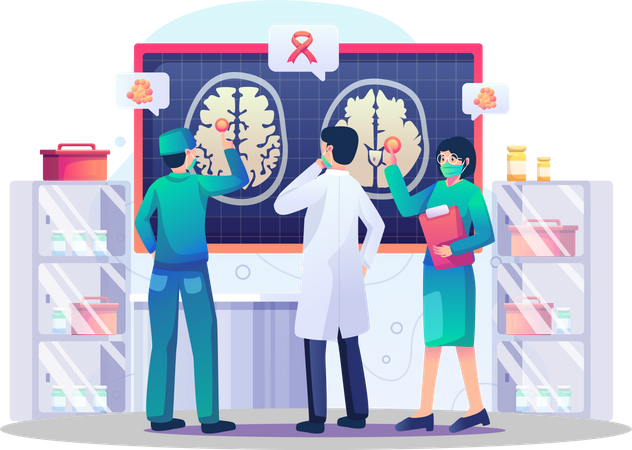 Doctors analyzing brain for tumors or problems in the laboratory  Illustration