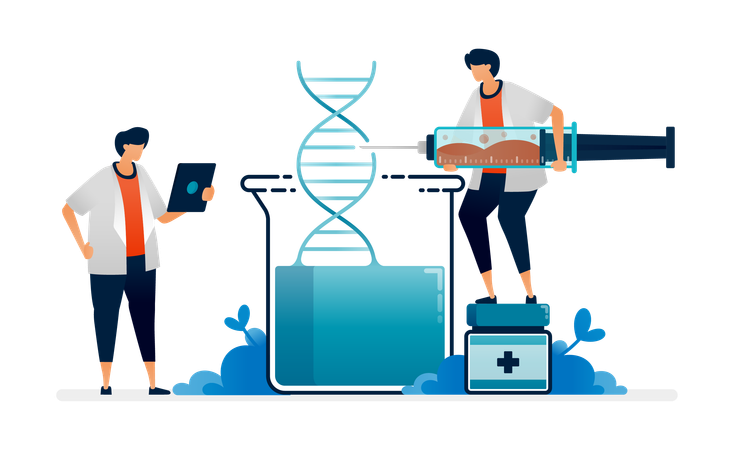 Doctors and pharmacists inject Dna to make genetic based medicines  Illustration