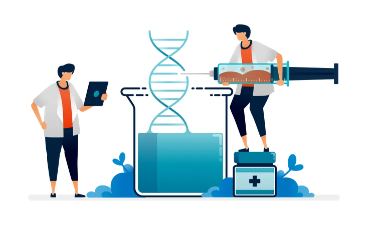 Doctors and pharmacists inject Dna to make genetic based medicines  Illustration