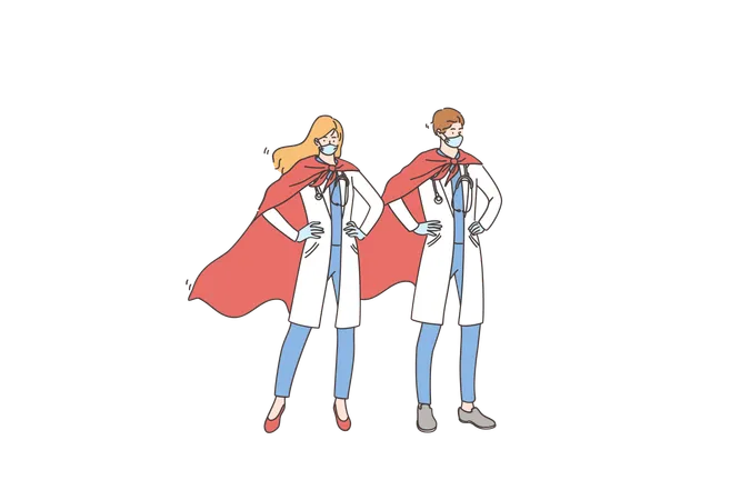 Doctors Heroes During COVID 10 Concept Young Couple Man And Woman Super Doctors Wearing Wearing Medical Face Masks And Capes Standing And Feeling Confident During Epidemic Illustration Illustration