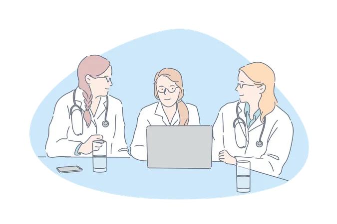 Doctors Meeting Hospital Staff Clinic Personnel Concept Young Women In White Coats Talking Medical College Students Colleagues Communication Physicians Council Simple Flat Vector Illustration