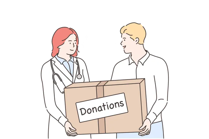Medicine Health Help Support Donation Concept Young Man And Woman Doctor Holding Huge Bog With Donations Medical Face Masks And Treatment From Viruses Deseases Humanitarian Support Or Goodwill Mission And Intentional Help Illustration