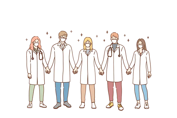 Doctors Teamwork Uniting Efforts Against COVID 19 Pandemic Concept Group Of Young Doctors In Protective Medical Face Masks Standing And Holding Hands In Team During Pandemic Vector Illustration Illustration
