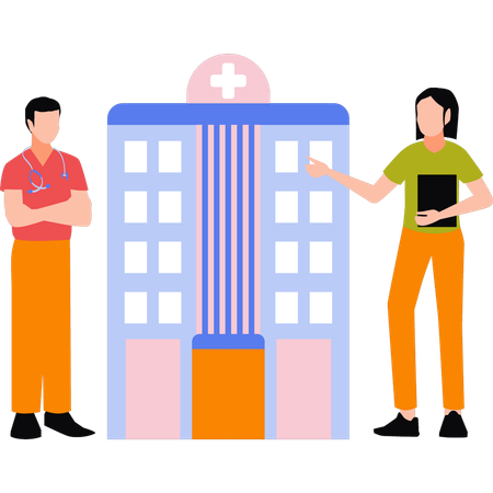 Doctors are standing outside the hospital  Illustration