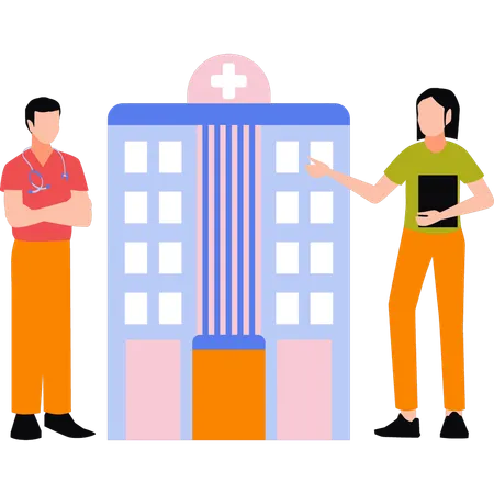 Doctors are standing outside the hospital  Illustration