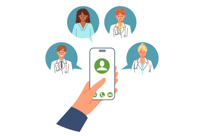 Doctors Around Mobile Phone In Patient Hand For Concept Calling Medical Personnel At Home For First Aid Person Calls Doctors For Advice When Symptoms Of Illness Or Deterioration In Health Appear Illustration
