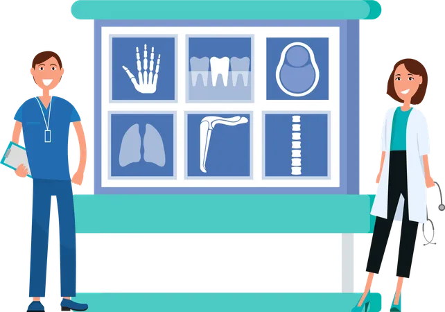 Screen With Xrays Of Patients Vector Man And Woman Doctors In Clinic Examining Scans Hand And Brain Ribs And Lung Scanning Specialists And Expert Illustration
