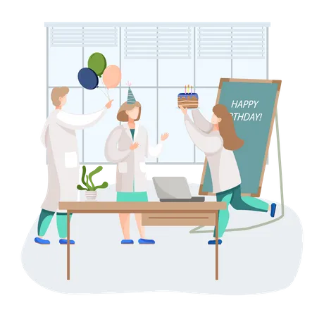 Birthday Party In Hospital Fun Entertainment In Medical Office Doctors Organize Holiday Congratulate Colleague Interaction Entertainment At Workplace Team Of Medics Giving Gifts And Cake Illustration