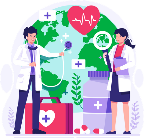 Doctors Check the Health of the World Globe with a Stethoscope  イラスト