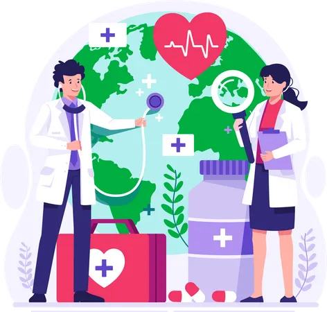 World Health Day Doctors Check The Health Of The World Globe With A Stethoscope Our Planet Our Health Vector Illustration イラスト